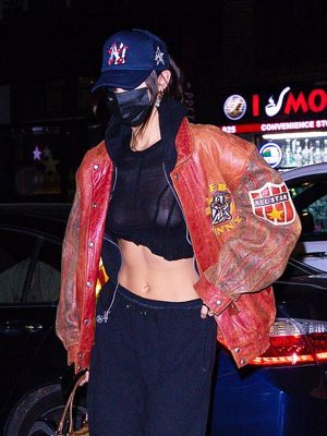 Bella Hadid Play Ball Red Bomber Leather Jacket