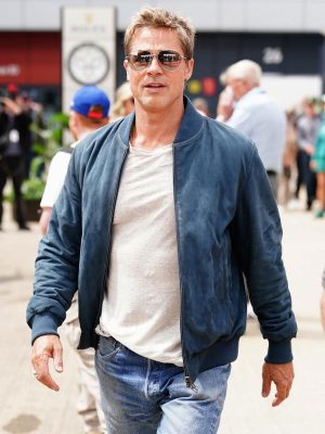Brad Pitt Grand Prix 2023 Blue Suede Leather Bomber Jacket