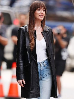 Dakota Johnson Black Leather Long Jacket