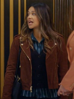 Gina Rodriguez TV Series Not Dead Yet 2024 Nell Serrano Brown Suede Leather Jacket