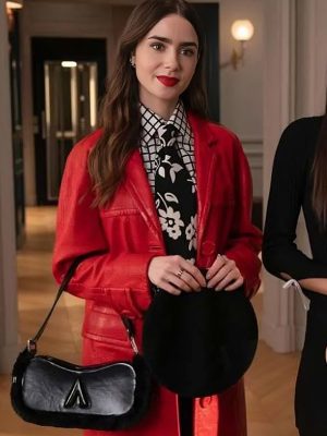 TV Series Emily in Paris 2024 Lily Collins Red Leather Trench Coat