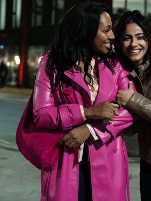 Alexandra Burke Curfew Series 2024 Helen Pink Leather Trench Coat