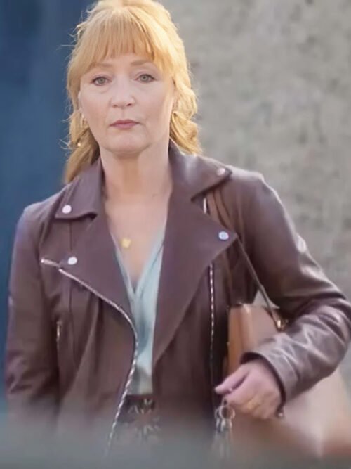 Moonflower Murders Lesley Manville Brown Biker Leather Jacket