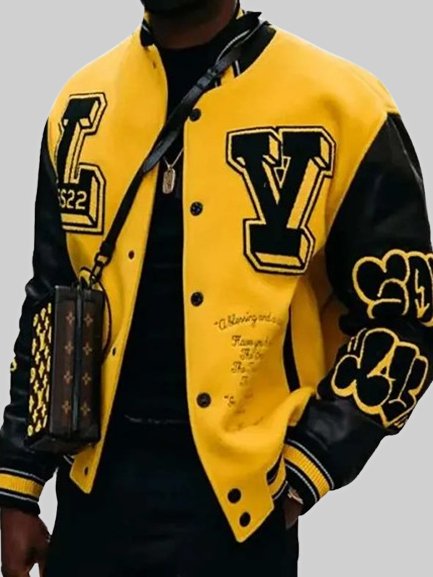 LV Embroidered Black and Yellow Varsity Jacket