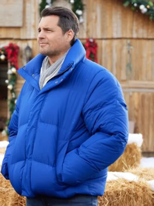 Robby We Wish You a Married Christmas Blue Puffer Jacket