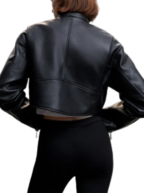 Women Cropped Black Leather Jacket