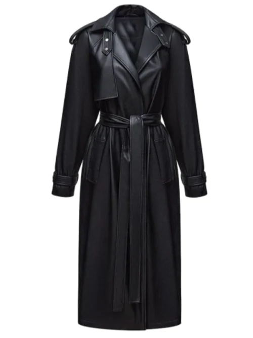 Women Trendy Fashion Black Leather Trench Coat