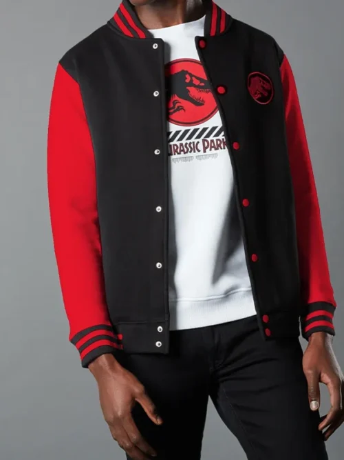 Men Jurassic Park Black and Red Varsity Jacket