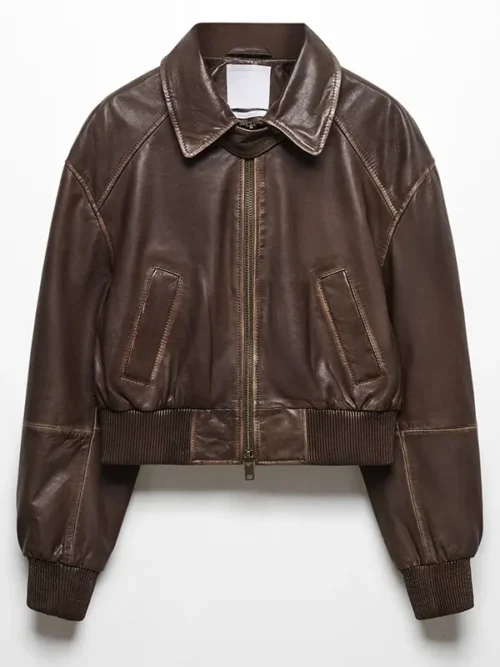 Brown Leather Bomber Jacket